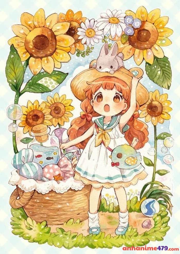 ảnh anime cánh đồng hoa hướng dương vàng