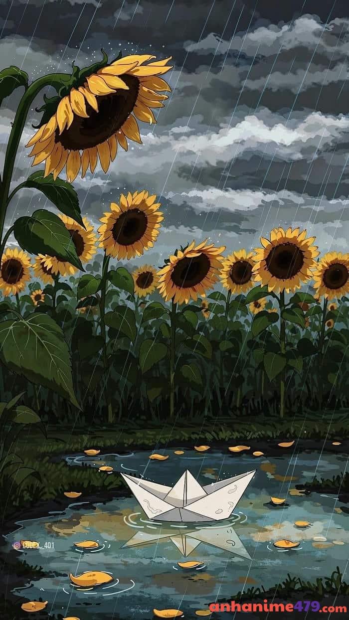 ảnh anime hoa hướng dương dưới ánh bình minh