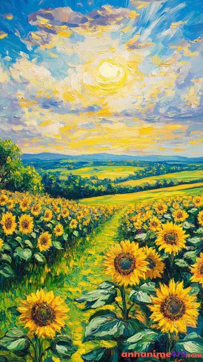 ảnh anime hoa hướng dương và bầu trời xanh