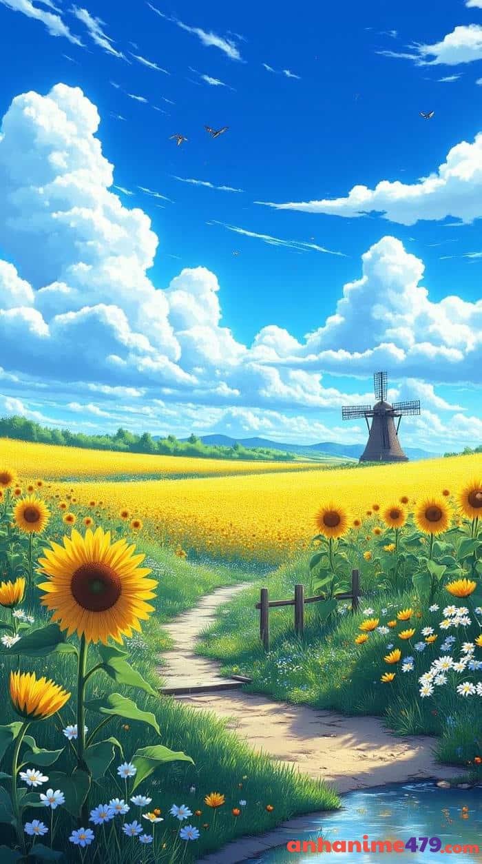 ảnh hoa hướng dương anime rực rỡ dưới ánh nắng