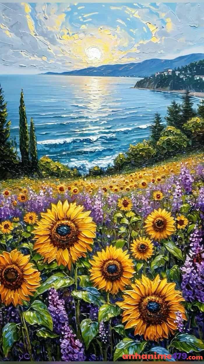 anime cánh đồng hoa hướng dương vàng tươi