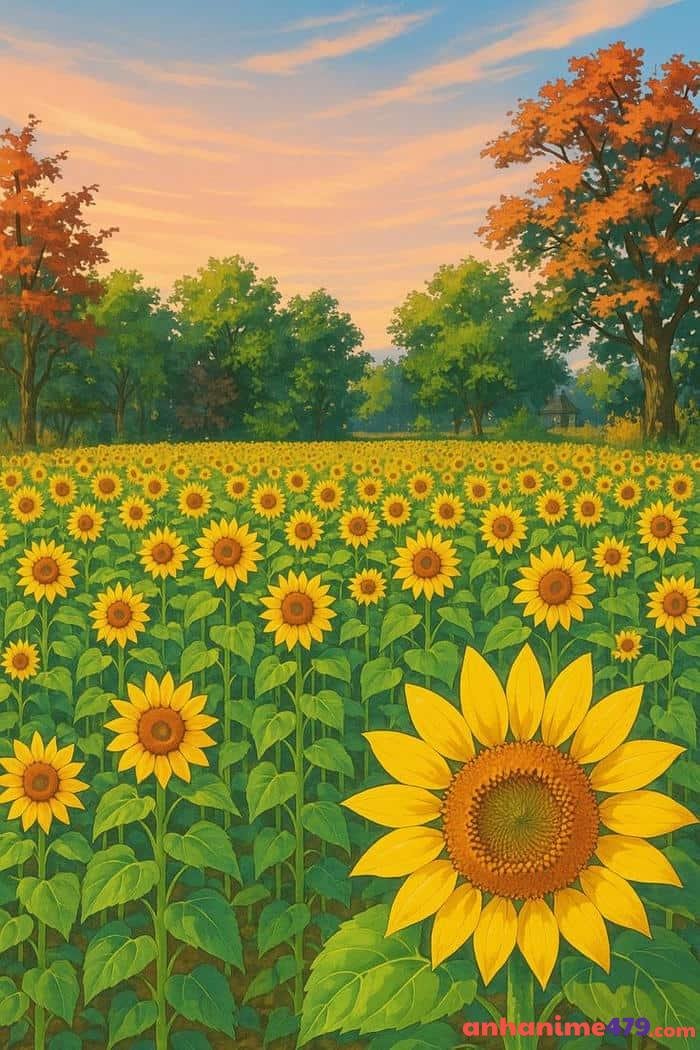 anime hoa hướng dương rực rỡ trong gió