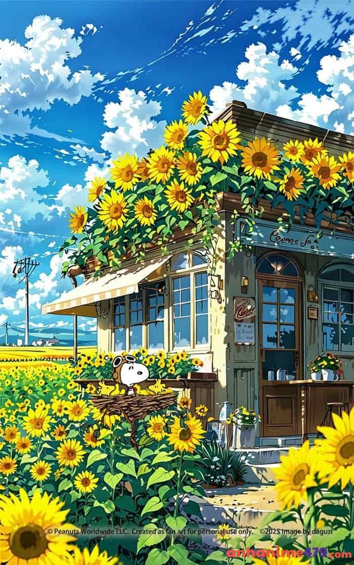 anime hoa hướng dương và cô gái mỉm cười