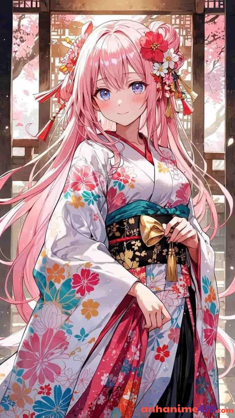 anime nữ mặc kimono hình xinh