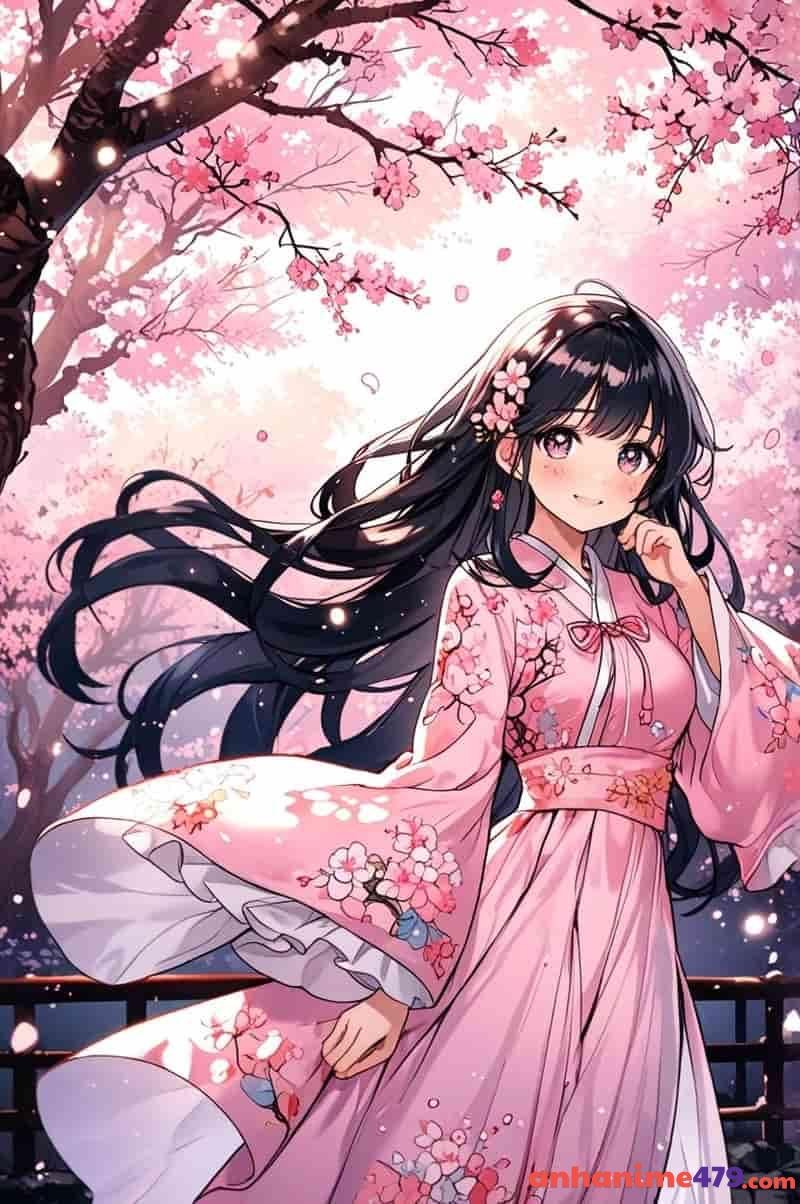 anime nữ mặc kimono hồng
