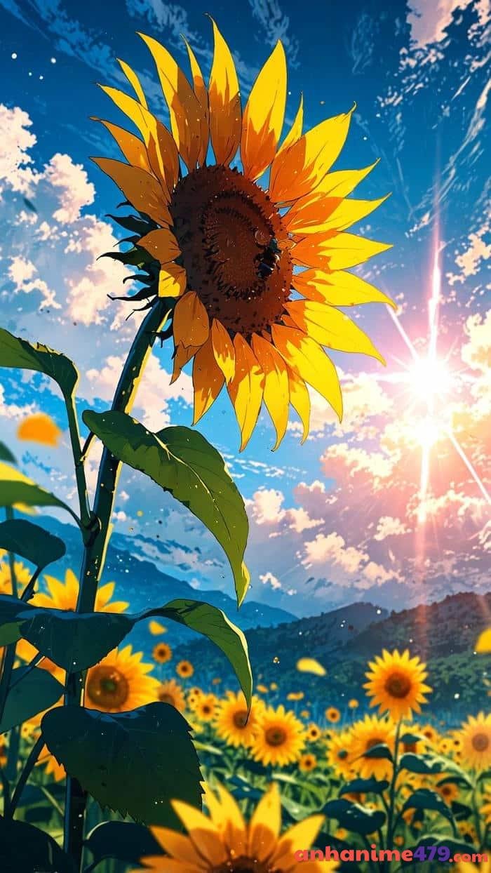 cảnh anime hoa hướng dương mùa hè
