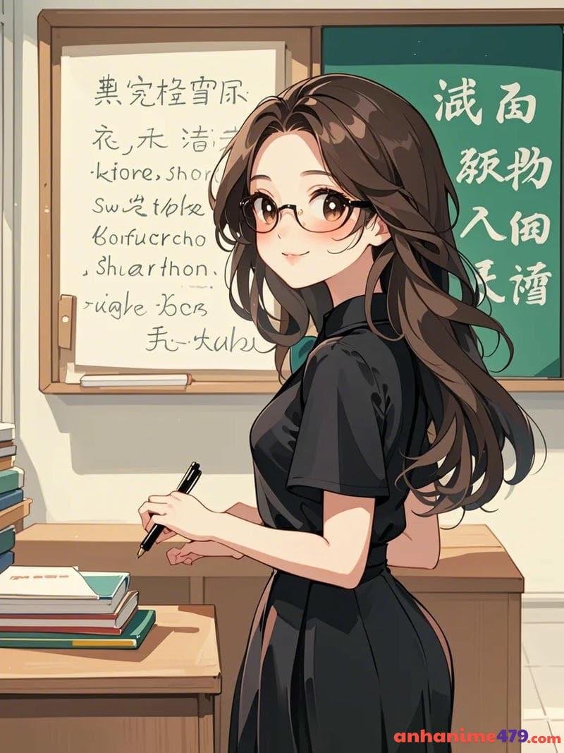 cô giáo anime mang kính tròn