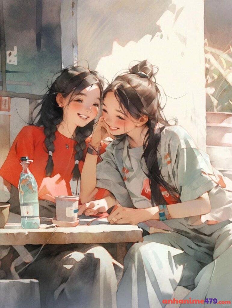 hình anime hai bạn thân ngồi bên nhau