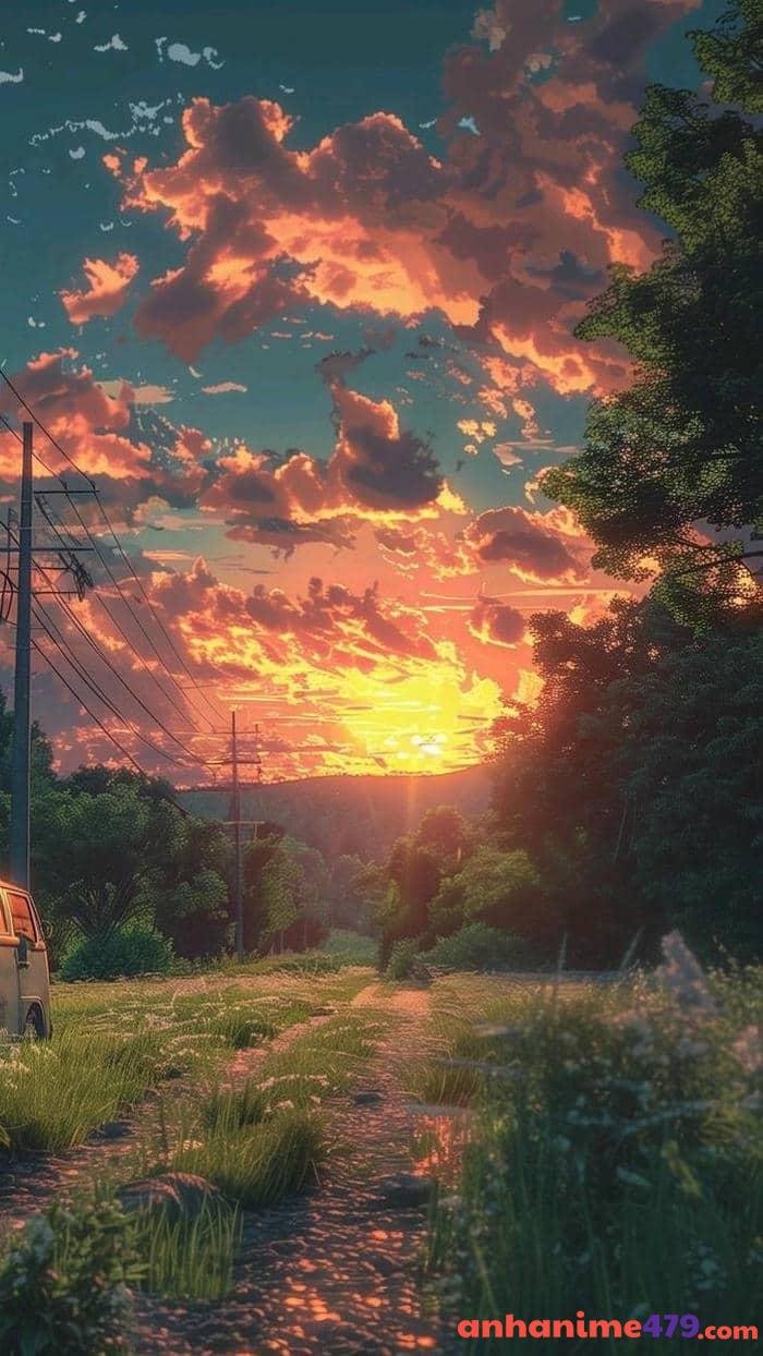 hoàng hôn anime trên núi